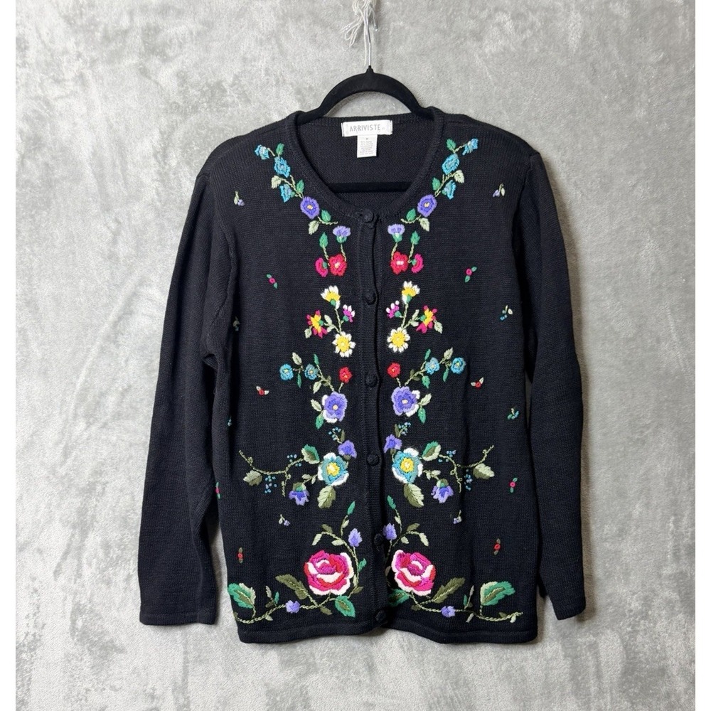 VTG 90's Arriviste Embroidered Cardigan Sweater Floral Granny Cottagecore Medium